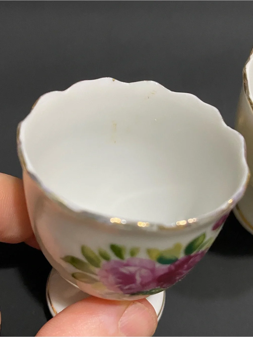 3 Vintage Egg Cups Porcelain white with Pink Roses Scalloped Gold Trim